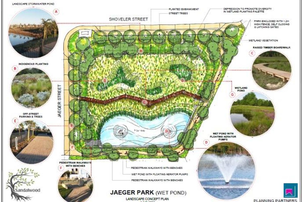 Landscape concept plan for Jaeger Park, featuring a wet pond, raised timber boardwalk, pedestrian walkways, and indigenous planting areas.