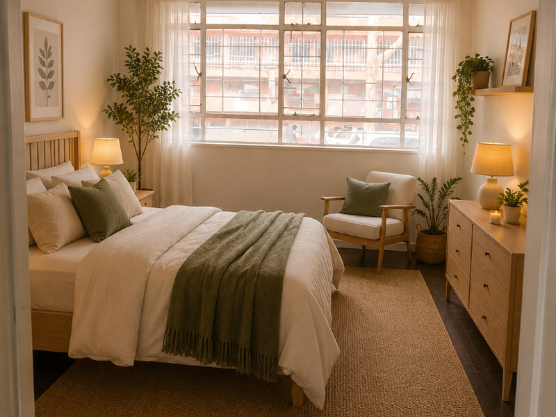 A well-lit bedroom featuring parquet flooring, a large multi-pane window, and a central ceiling light fixture, creating a warm and inviting atmosphere.