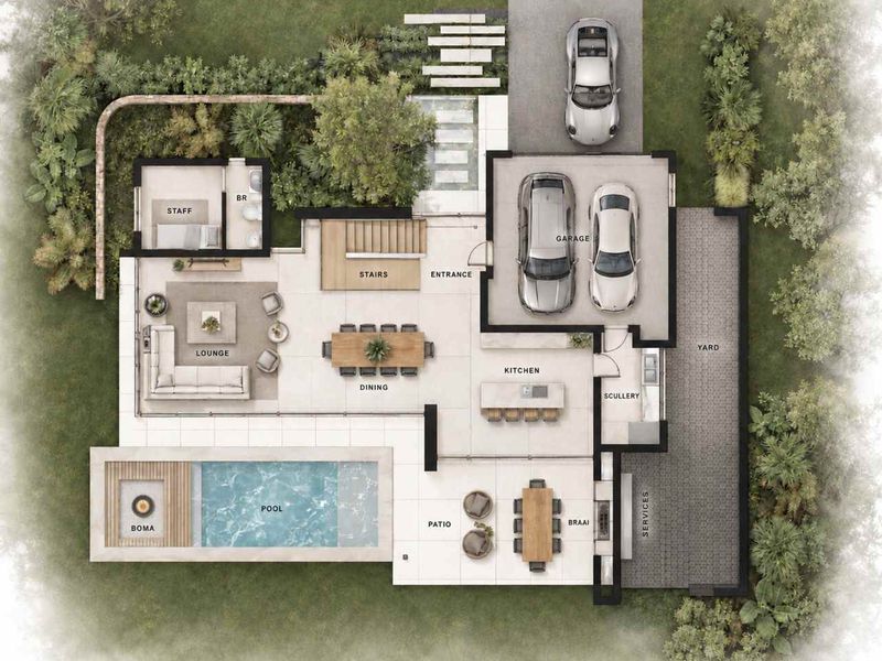 A detailed architectural floor plan showing the layout of the ground floor, including living areas, kitchen, garage, pool, and outdoor entertainment spaces.