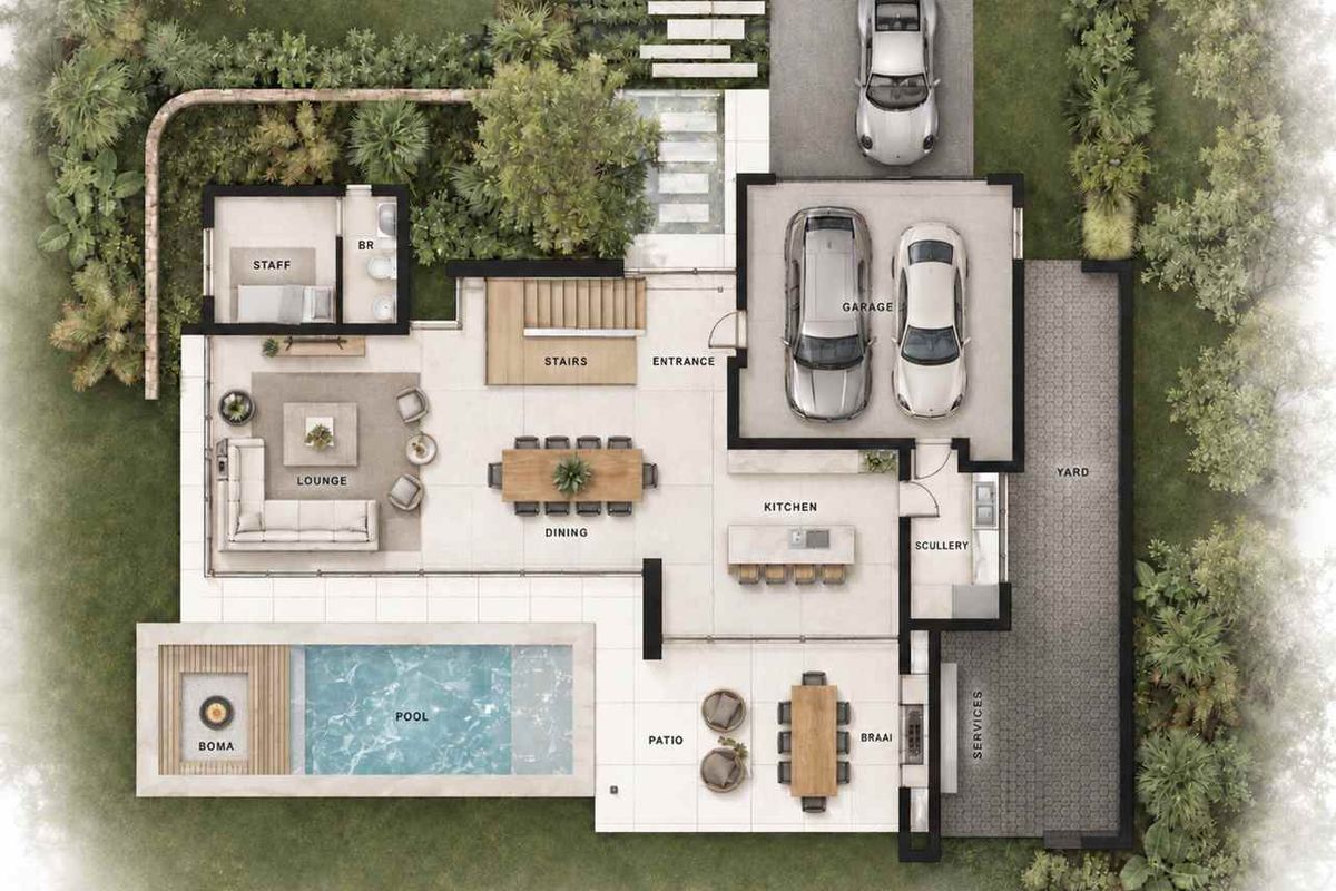 A detailed architectural floor plan showing the layout of the ground floor, including living areas, kitchen, garage, pool, and outdoor entertainment spaces.