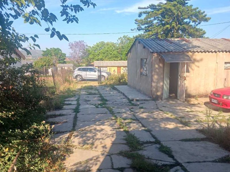 Front exterior view of the property featuring a concrete driveway with significant weed growth and a structure with a corrugated roof.
