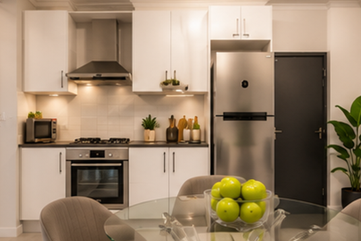 Modern kitchen featuring white cabinetry, stainless steel appliances, gas hob, built-in oven, and integrated extractor fan with under-cabinet lighting.