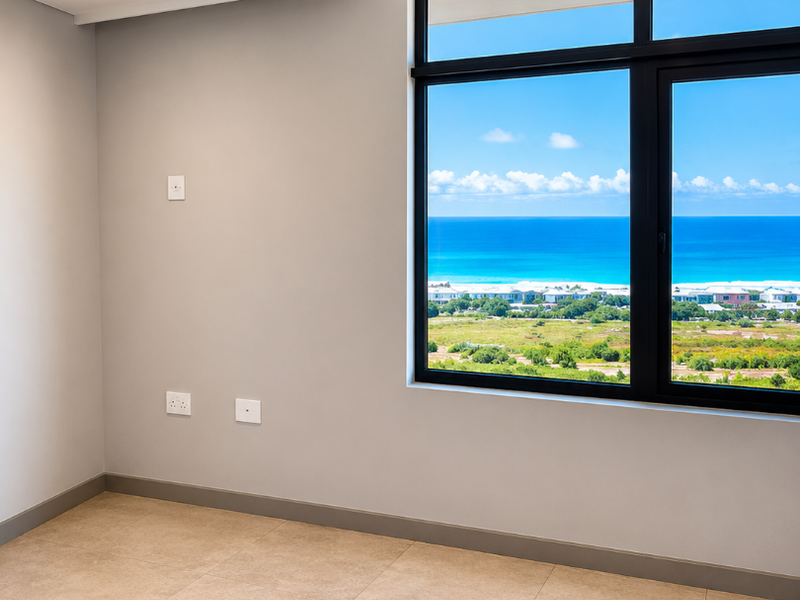 A bright, empty bedroom featuring modern tiled flooring, recessed lighting, and a large window offering expansive coastal and landscape views.