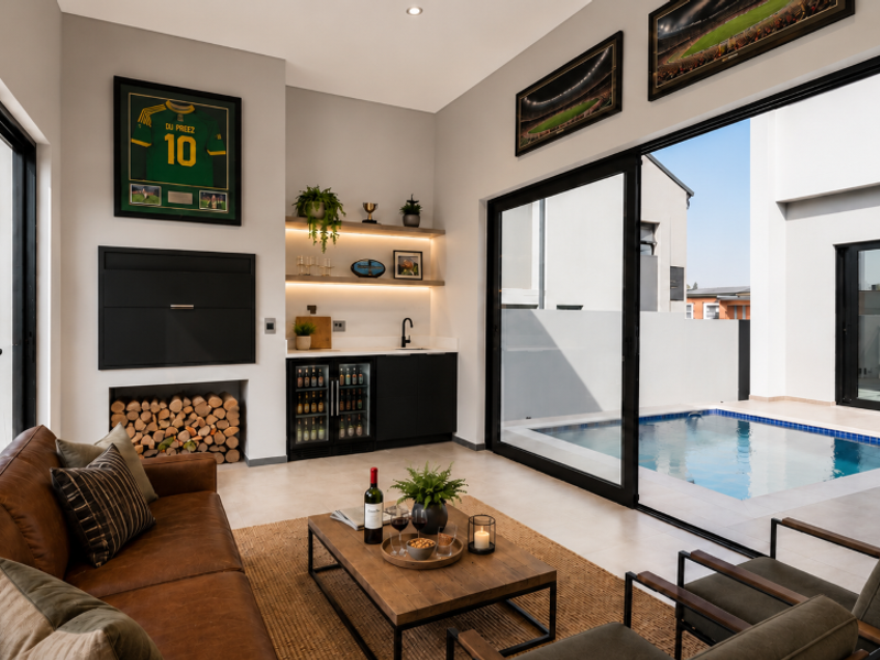 Modern living room featuring a built-in fireplace, integrated bar area with cabinetry, and large sliding doors opening directly onto a private pool deck.