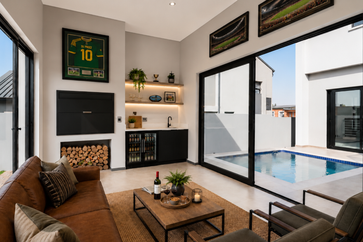 Modern living room featuring a built-in fireplace, integrated bar area with cabinetry, and large sliding doors opening directly onto a private pool deck.