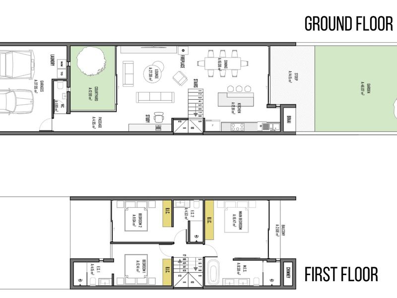 A detailed architectural floor plan showing the ground and first floor layout of the townhouse property.