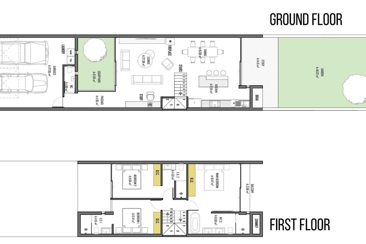 A detailed architectural floor plan showing the ground and first floor layout of the townhouse property.
