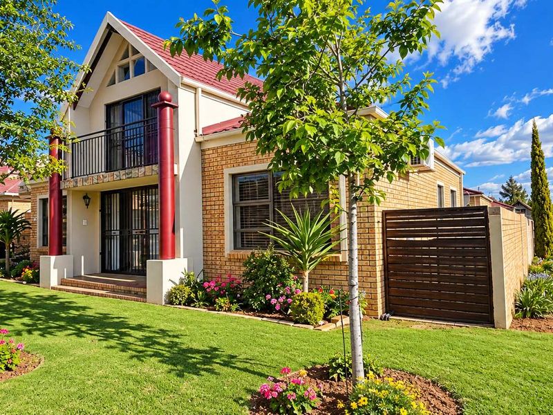 A well-maintained townhouse featuring a brick facade, a red metal roof, a private balcony, and a neatly landscaped front garden with a paved driveway.