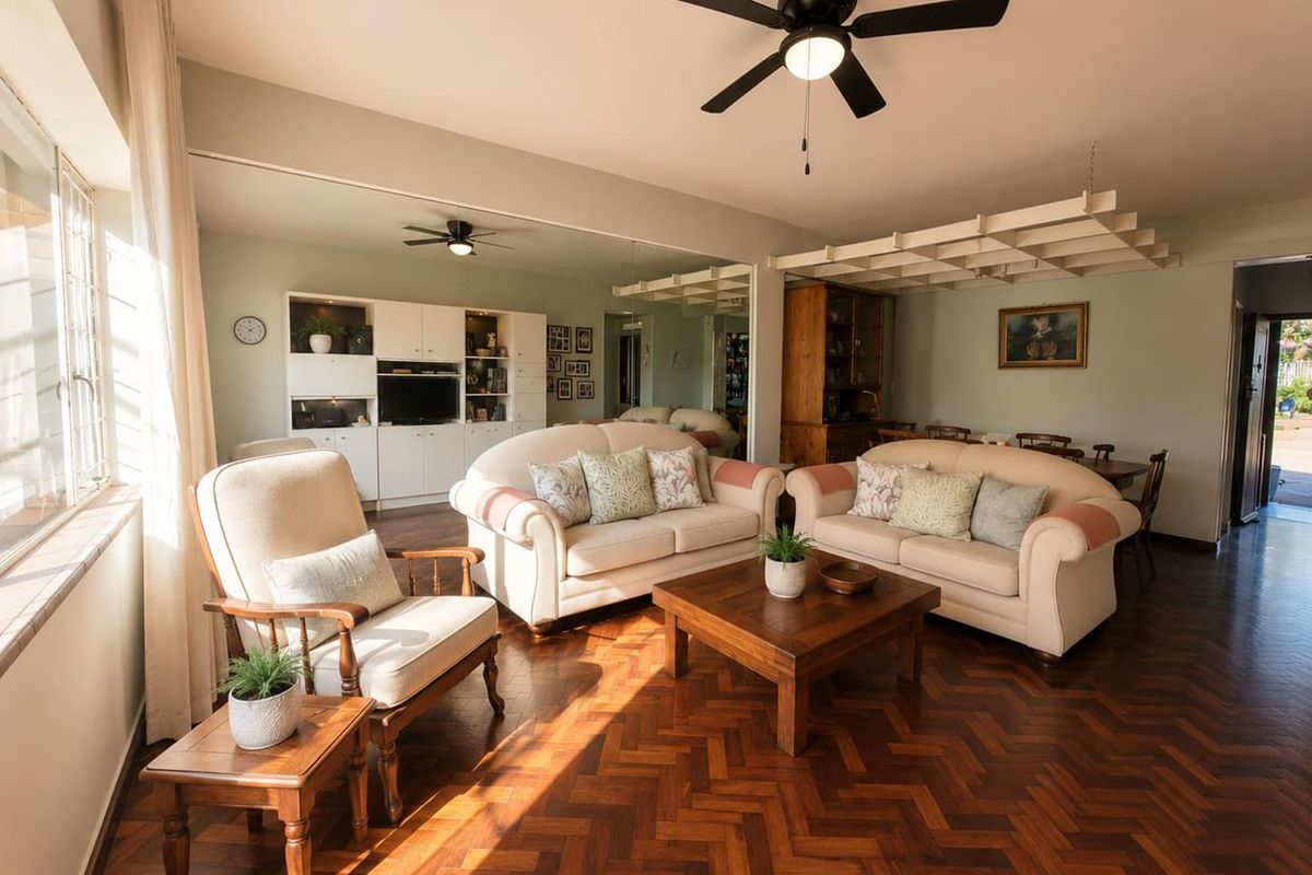 Spacious living room featuring classic herringbone parquet flooring, a ceiling fan, and a large wall mirror that enhances the sense of space.