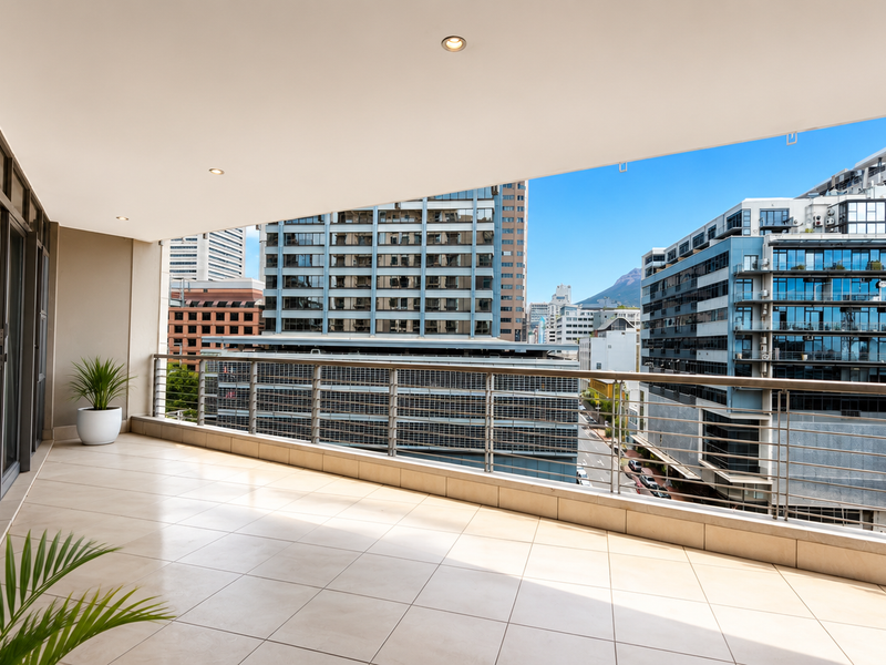 A spacious, modern balcony featuring tiled flooring, a sleek stainless steel balustrade, and recessed ceiling lighting, offering an expansive urban city view.