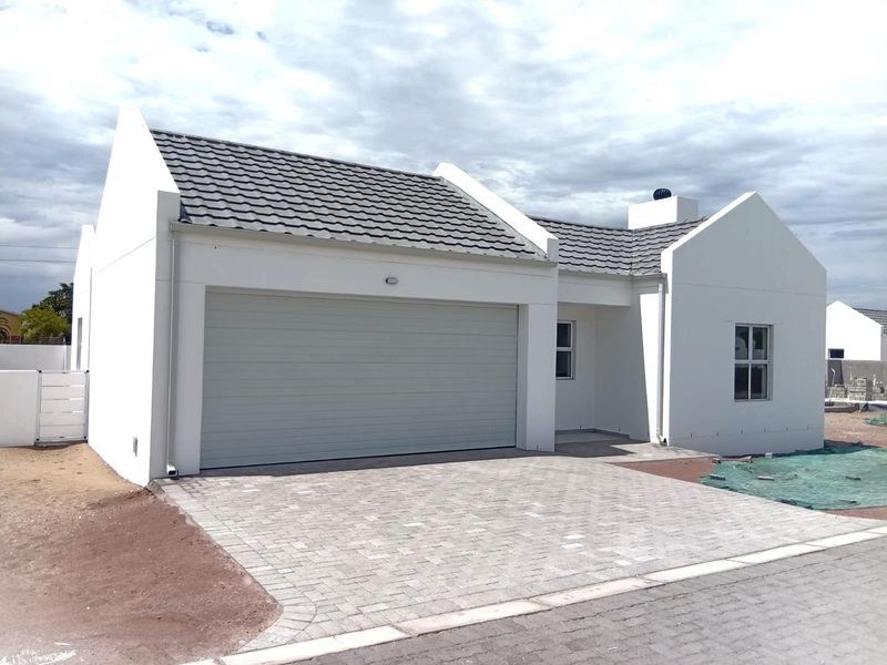 Modern single-story house exterior featuring a tiled roof, automated garage door, and paved driveway in a newly developed residential area.