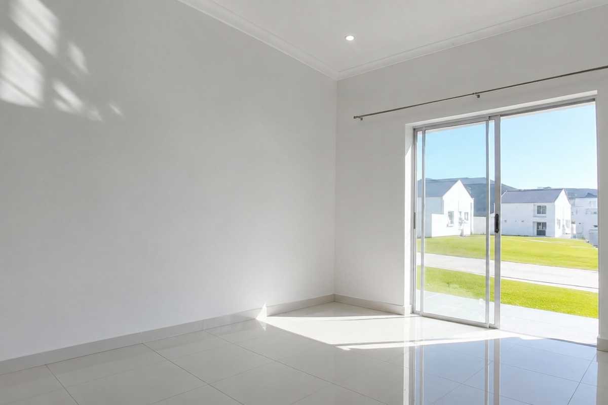 A bright, empty living room featuring polished porcelain tiles, recessed lighting, and large sliding glass doors that open to a landscaped exterior view.