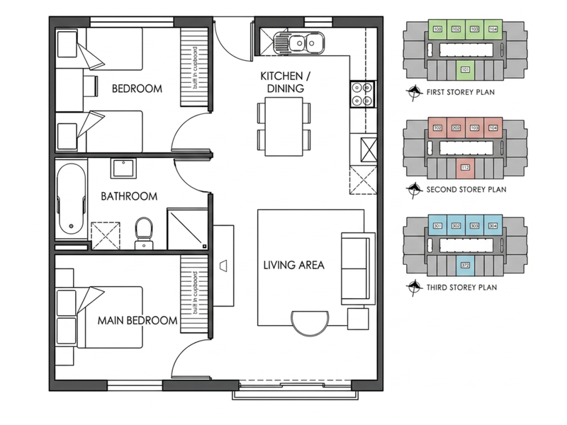 A detailed floor plan showing the layout of a two-bedroom apartment, including kitchen, living area, bathroom, and building-wide level orientation.