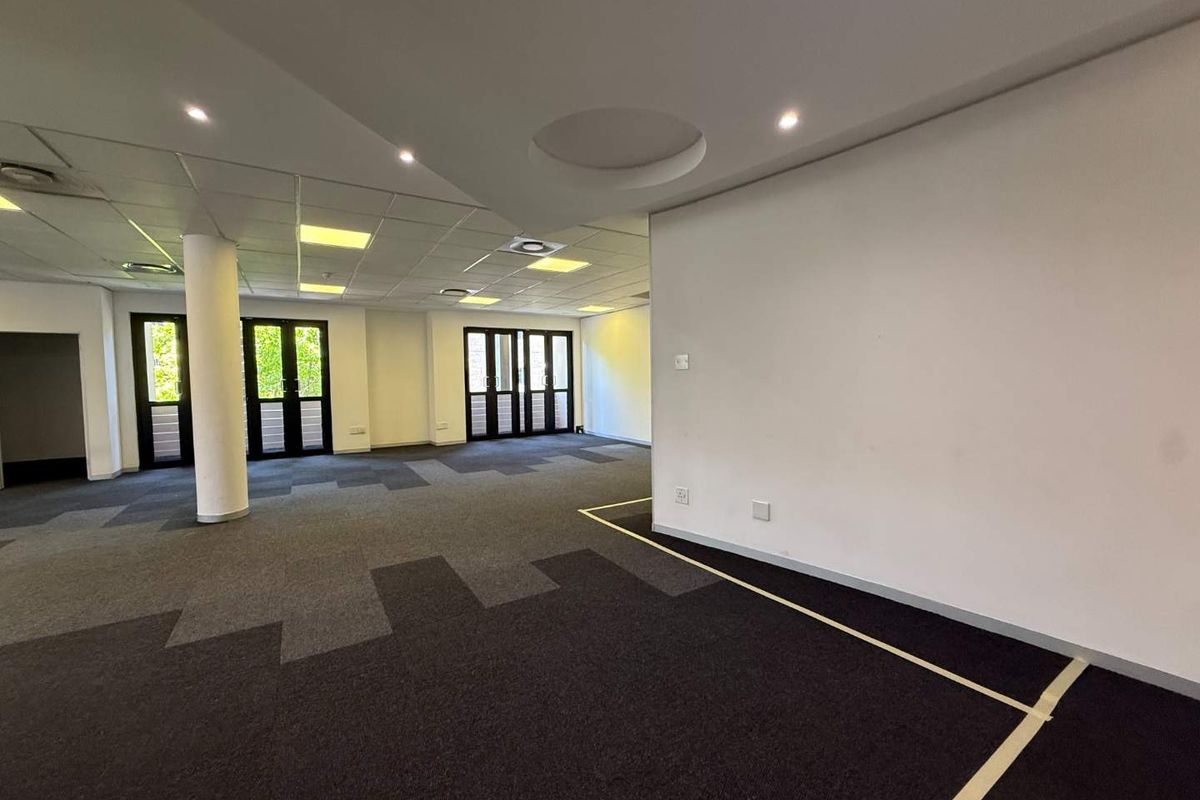 Spacious, open-plan office area featuring a suspended ceiling with recessed lighting, carpeted flooring, and multiple glass doors providing natural light.