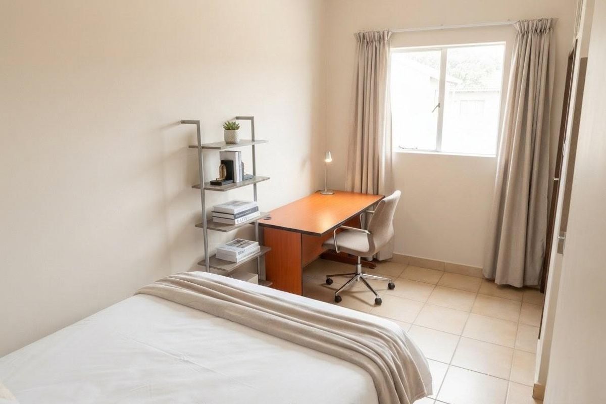 A well-lit bedroom featuring neutral wall tones, tiled flooring, and a built-in cupboard, offering a clean and functional living space.
