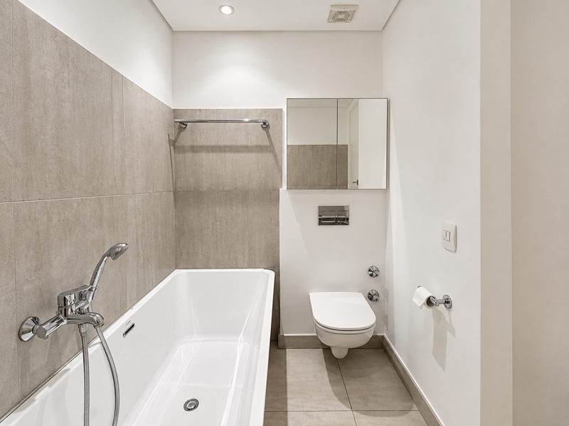Modern bathroom featuring a sleek bathtub with handheld shower mixer, wall-mounted toilet with concealed cistern, and a mirrored medicine cabinet.