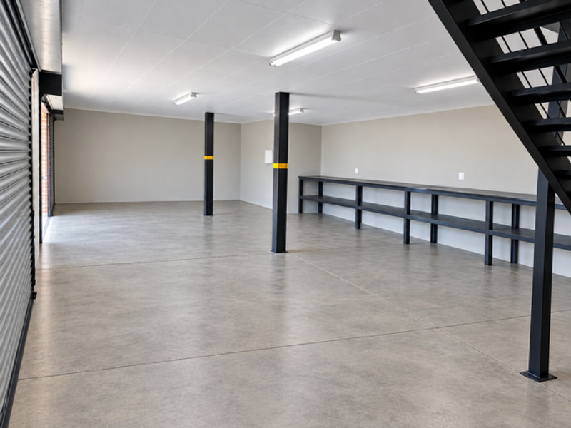 Spacious industrial garage featuring polished concrete floors, built-in steel shelving, a modern staircase, and high-clearance roller shutter access.
