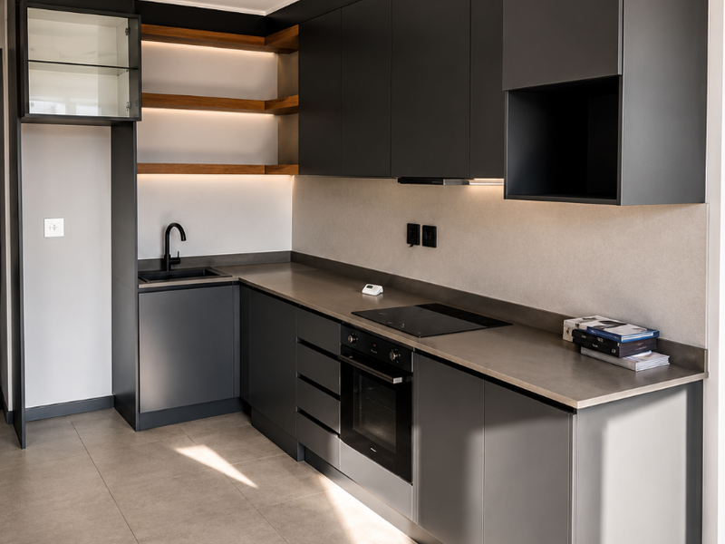 Modern kitchen featuring sleek charcoal cabinetry, stone countertops, integrated appliances, and stylish floating timber shelving with integrated lighting.