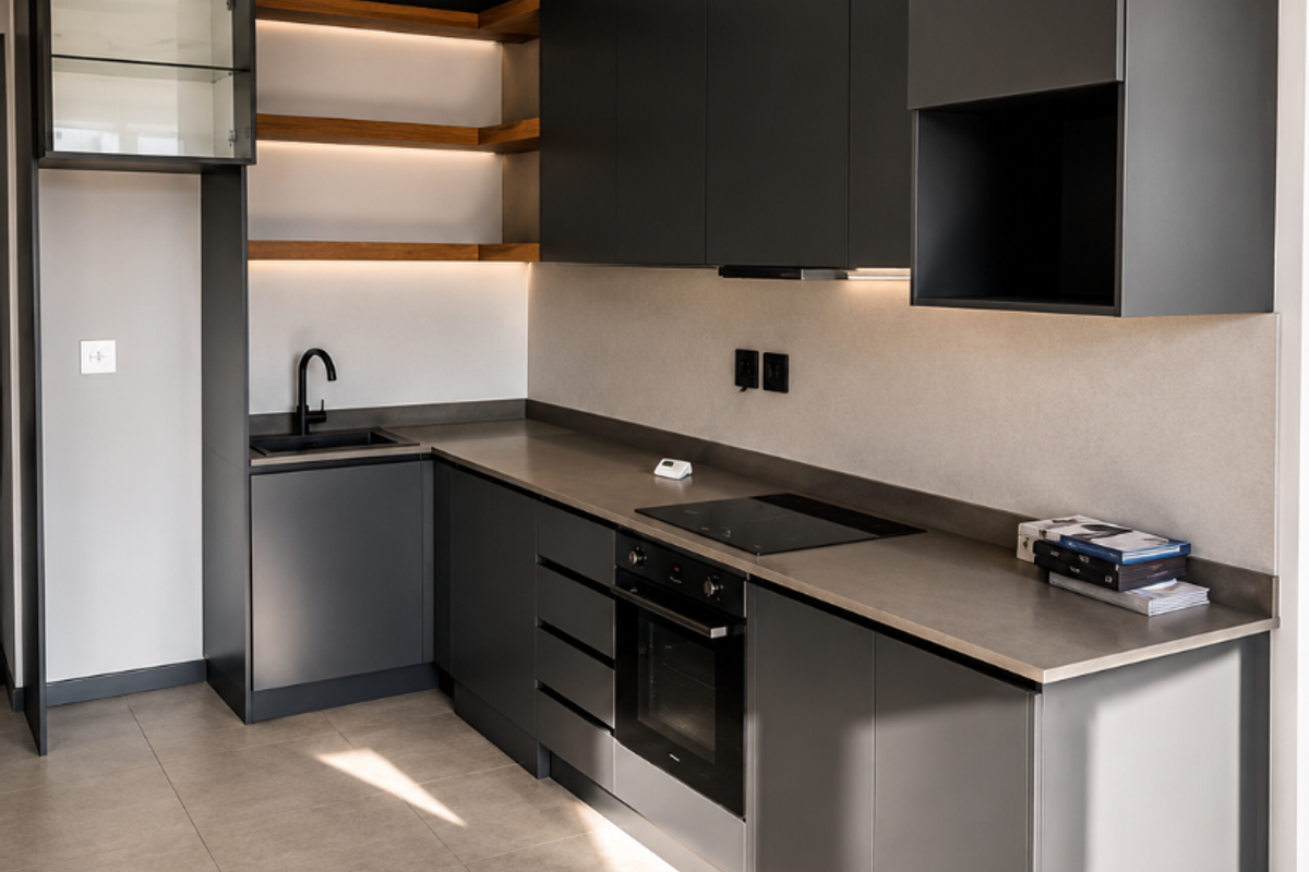 Modern kitchen featuring sleek charcoal cabinetry, stone countertops, integrated appliances, and stylish floating timber shelving with integrated lighting.