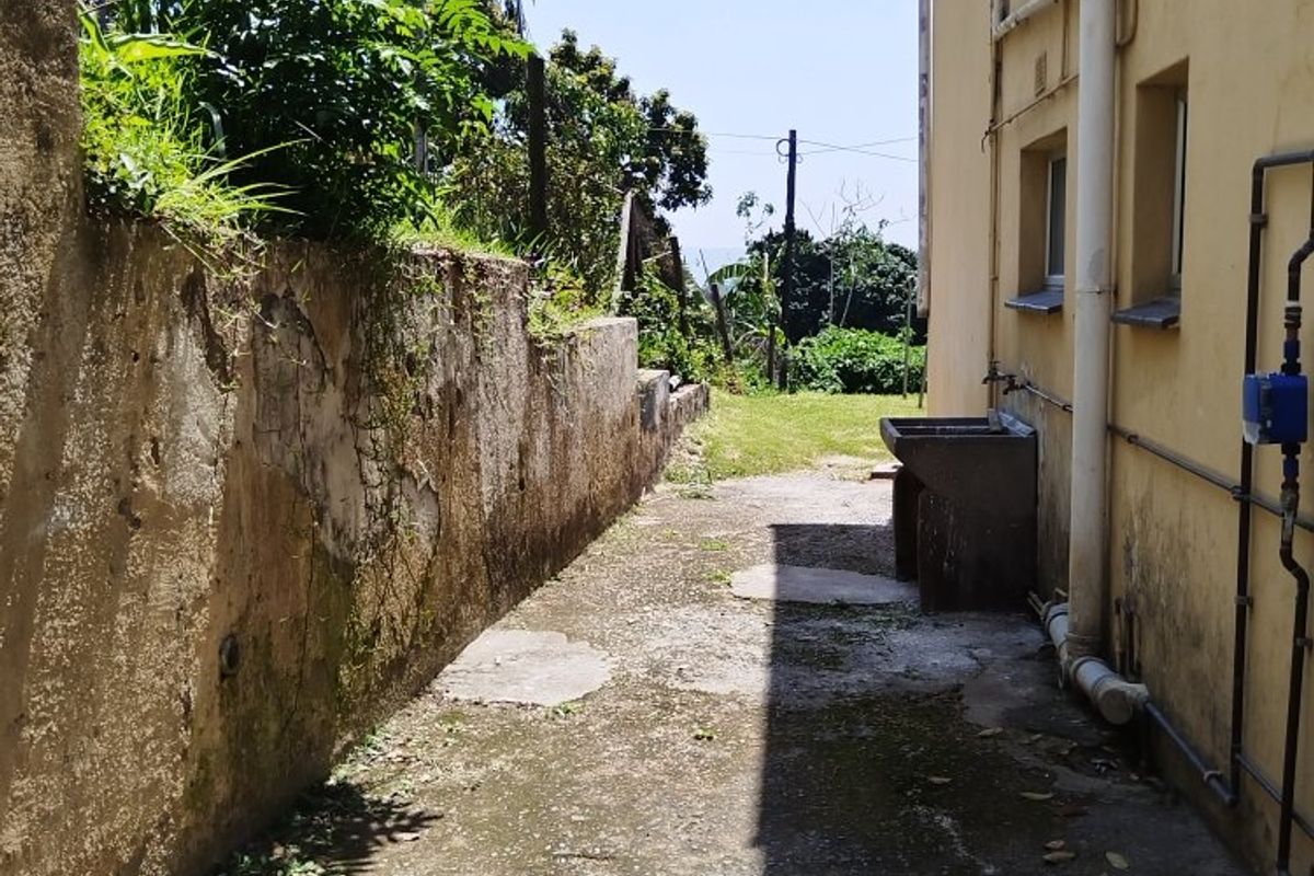 A narrow rear exterior side passage featuring a concrete retaining wall, utility sink, and weathered paving surfaces.