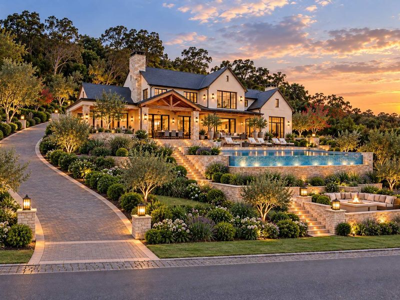 A stunning luxury residence featuring a multi-level landscaped garden, infinity pool, stone retaining walls, and a paved driveway at sunset.