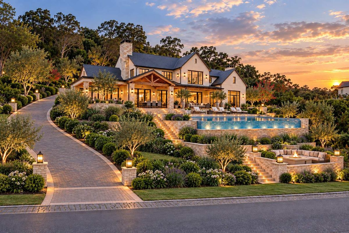 A stunning luxury residence featuring a multi-level landscaped garden, infinity pool, stone retaining walls, and a paved driveway at sunset.