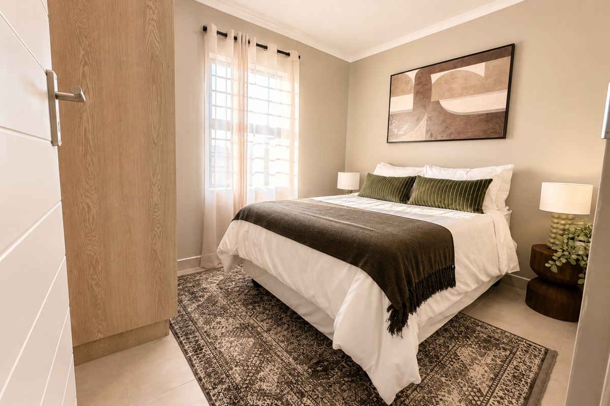 A well-maintained bedroom featuring neutral wall tones, tiled flooring, and a built-in wooden wardrobe, offering a clean and comfortable living space.