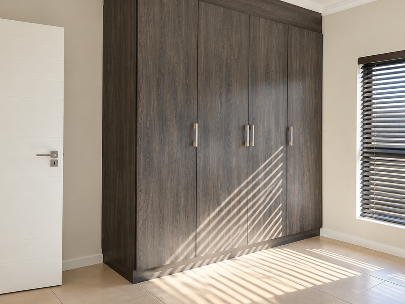 A bright, modern bedroom featuring dark wood-grain built-in wardrobes, neutral tiled flooring, and fitted venetian blinds.