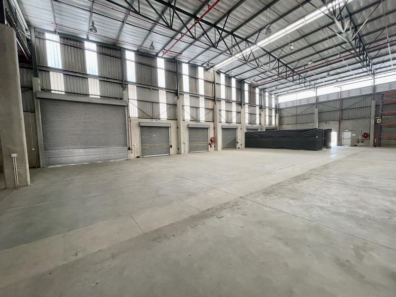 Spacious industrial warehouse featuring high ceilings, exposed steel trusses, multiple roller shutter doors, and durable concrete flooring, suitable for logistics or manufacturing operations.