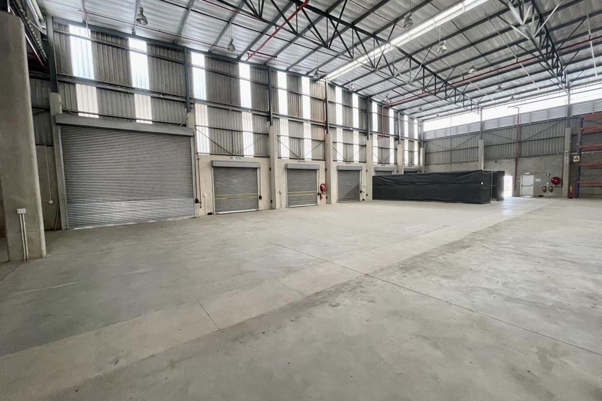 Spacious industrial warehouse featuring high ceilings, exposed steel trusses, multiple roller shutter doors, and durable concrete flooring, suitable for logistics or manufacturing operations.