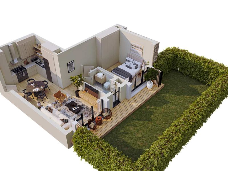 A 3D floor plan rendering of an apartment featuring an open-plan kitchen and living area, bedroom, bathroom, and a private garden with timber decking.