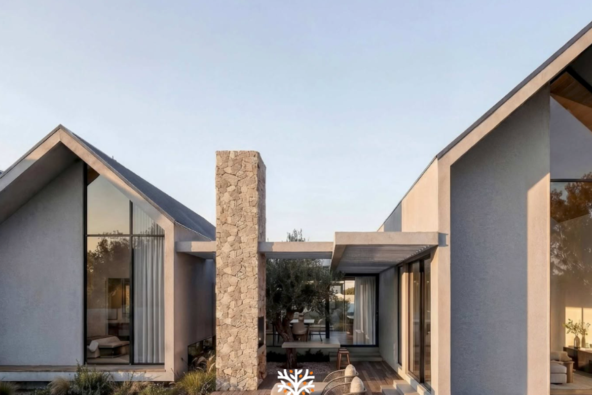 Modern architectural townhouse exterior featuring a swimming pool, stone chimney, timber decking, and expansive floor-to-ceiling windows connecting indoor and outdoor living spaces.