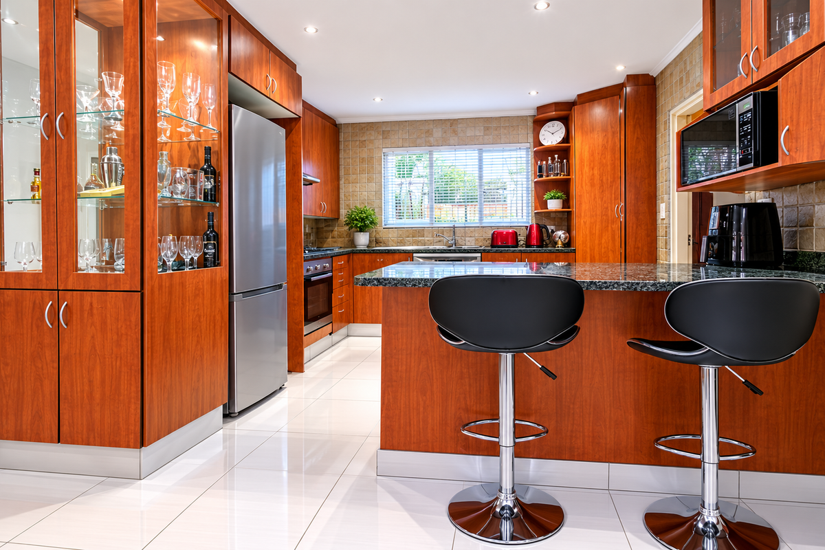 A well-maintained kitchen featuring warm-toned wooden cabinetry, granite countertops, a breakfast bar, and integrated appliances with polished tile flooring.