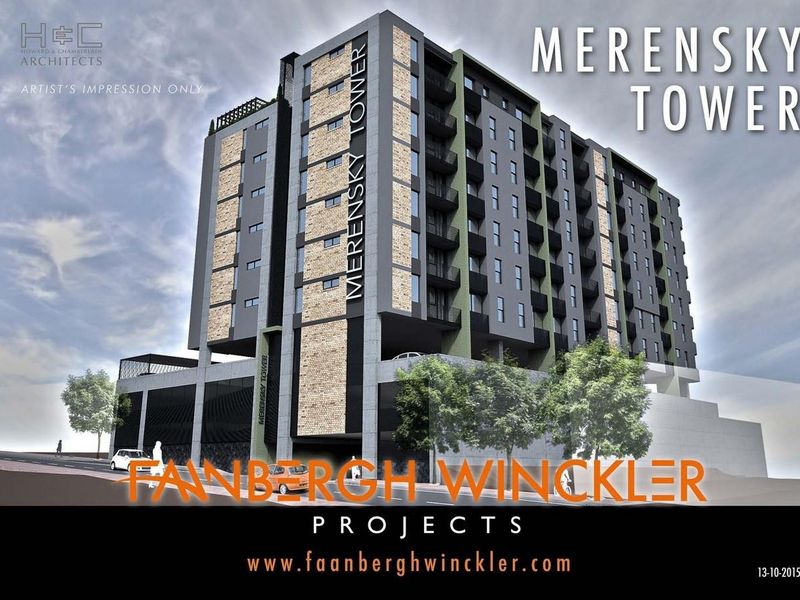 Architectural rendering of the Merensky Tower apartment building, showcasing its modern multi-story facade, integrated balconies, and parking structure.