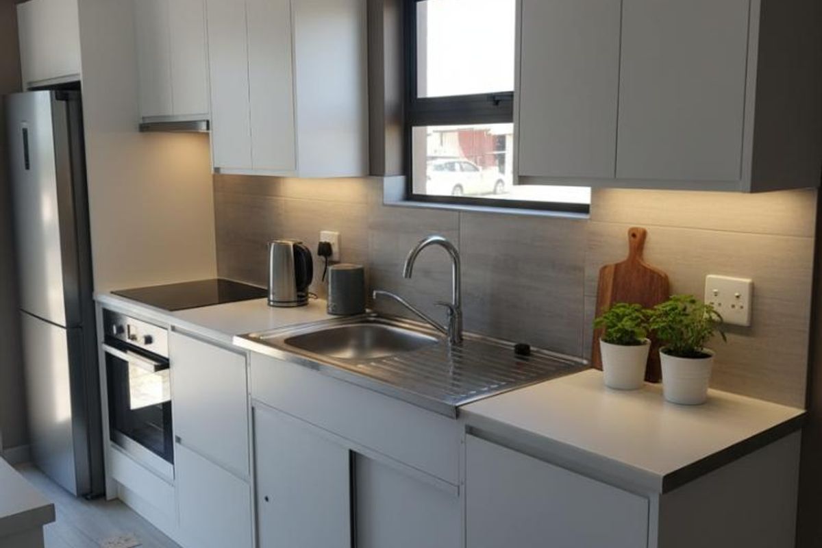 Modern kitchen featuring sleek white cabinetry, stainless steel sink, integrated oven and hob, and contemporary under-cabinet lighting.