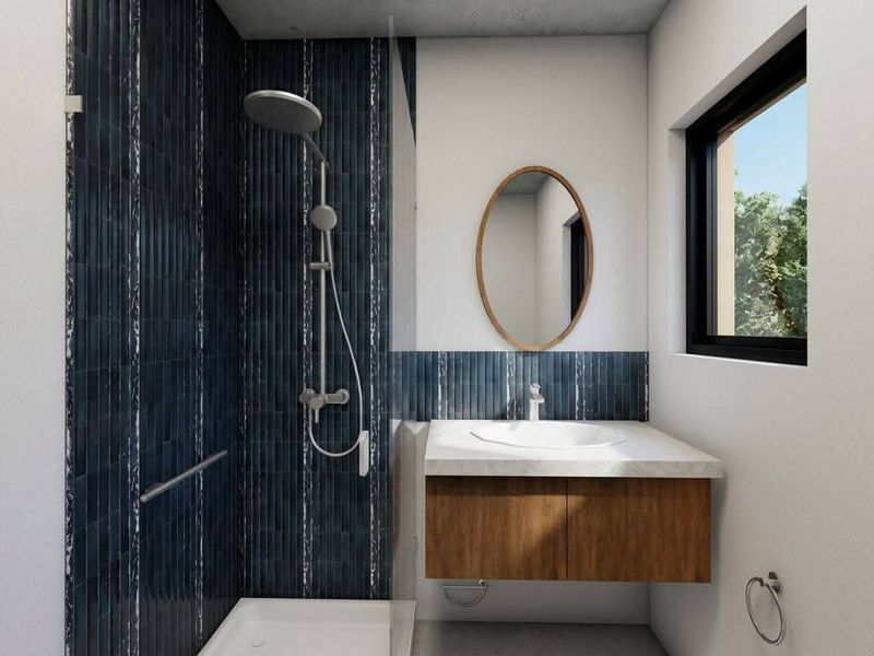 Modern bathroom featuring a walk-in shower with dark vertical tiling, a floating wooden vanity with a basin, and a window providing natural light.