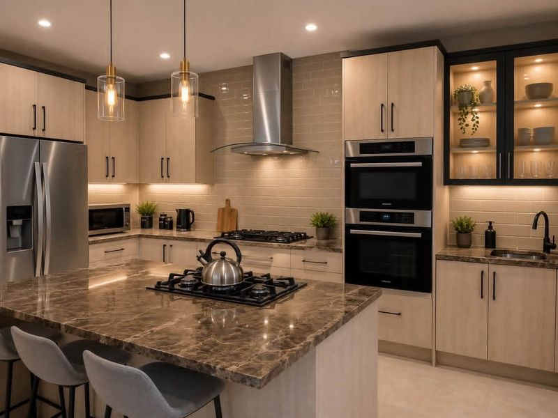 Modern kitchen featuring a stone-topped island with gas cooktop, built-in double ovens, subway tile backsplash, and elegant glass-front cabinetry with integrated lighting.