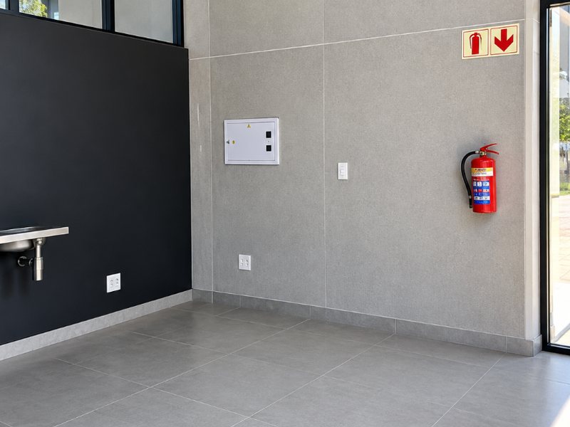 Modern commercial entry area featuring large format floor tiles, black accent wall, and integrated safety fixtures including a fire extinguisher and distribution board.