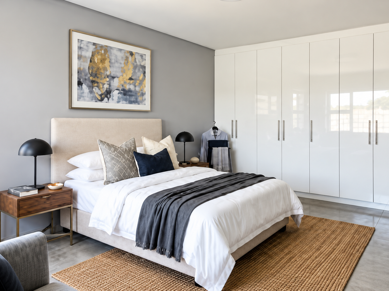 A modern, well-maintained bedroom featuring sleek white built-in cupboards, neutral grey walls, and large format floor tiles.