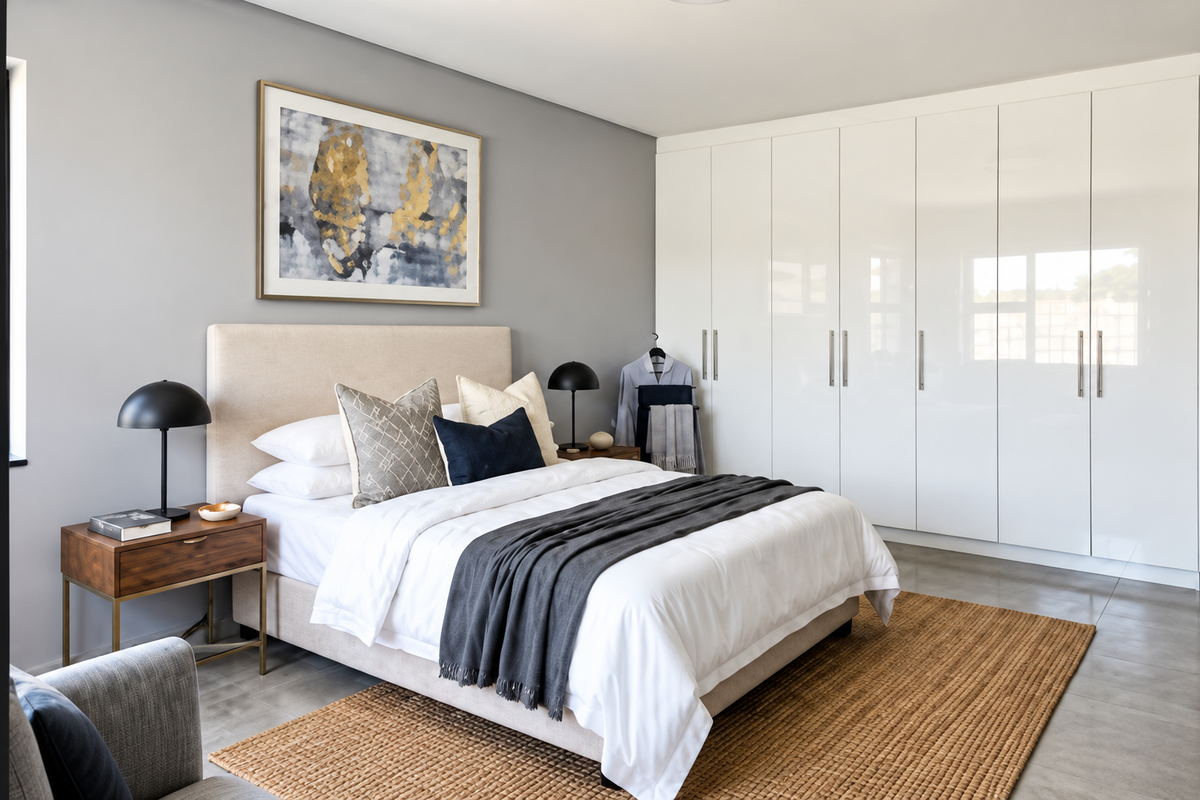 A modern, well-maintained bedroom featuring sleek white built-in cupboards, neutral grey walls, and large format floor tiles.