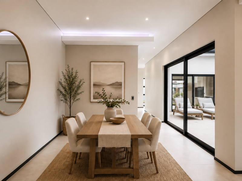 Modern dining room featuring recessed and cove lighting, neutral finishes, and large sliding glass doors providing seamless access to the outdoor pool area.