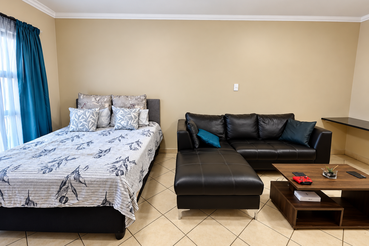 A spacious bedroom featuring tiled flooring, crown molding, and a built-in desk area, offering a functional layout with neutral wall tones.