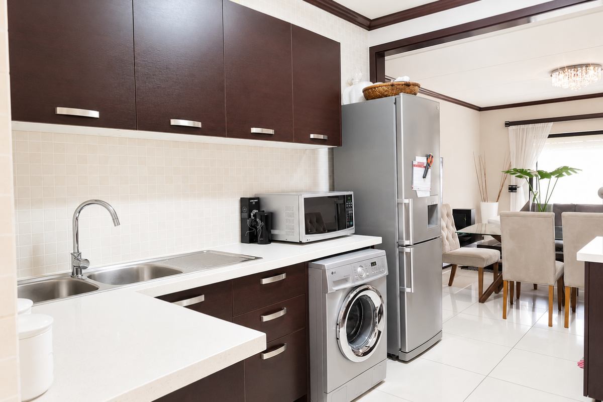 Modern kitchen featuring dark wood cabinetry, stone countertops, tiled backsplash, and integrated appliances including a washing machine and microwave.