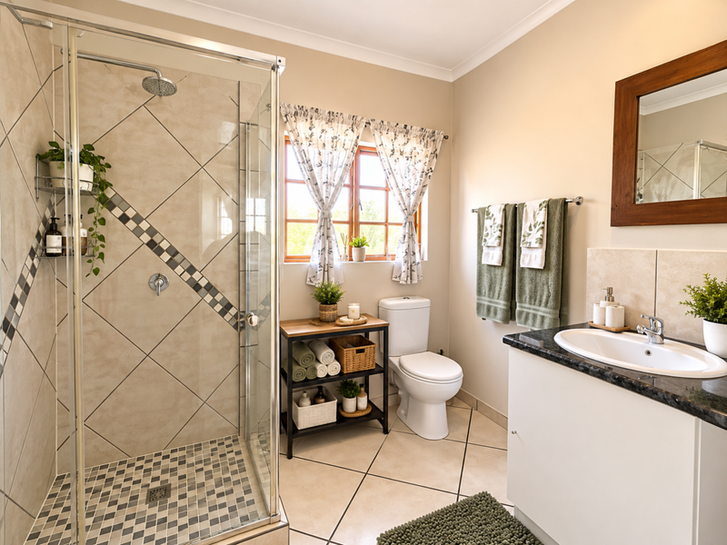 A well-maintained bathroom featuring a glass-enclosed shower with decorative tile accents, a vanity with a granite countertop, and a standard toilet.