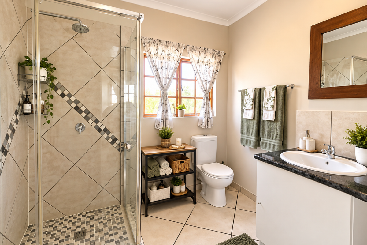 A well-maintained bathroom featuring a glass-enclosed shower with decorative tile accents, a vanity with a granite countertop, and a standard toilet.