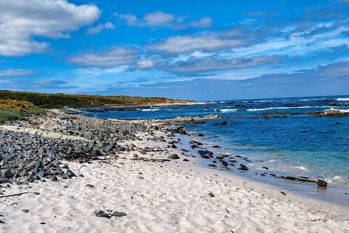 A scenic view of the natural coastline featuring a sandy beach, rocky shoreline, and clear ocean waters.