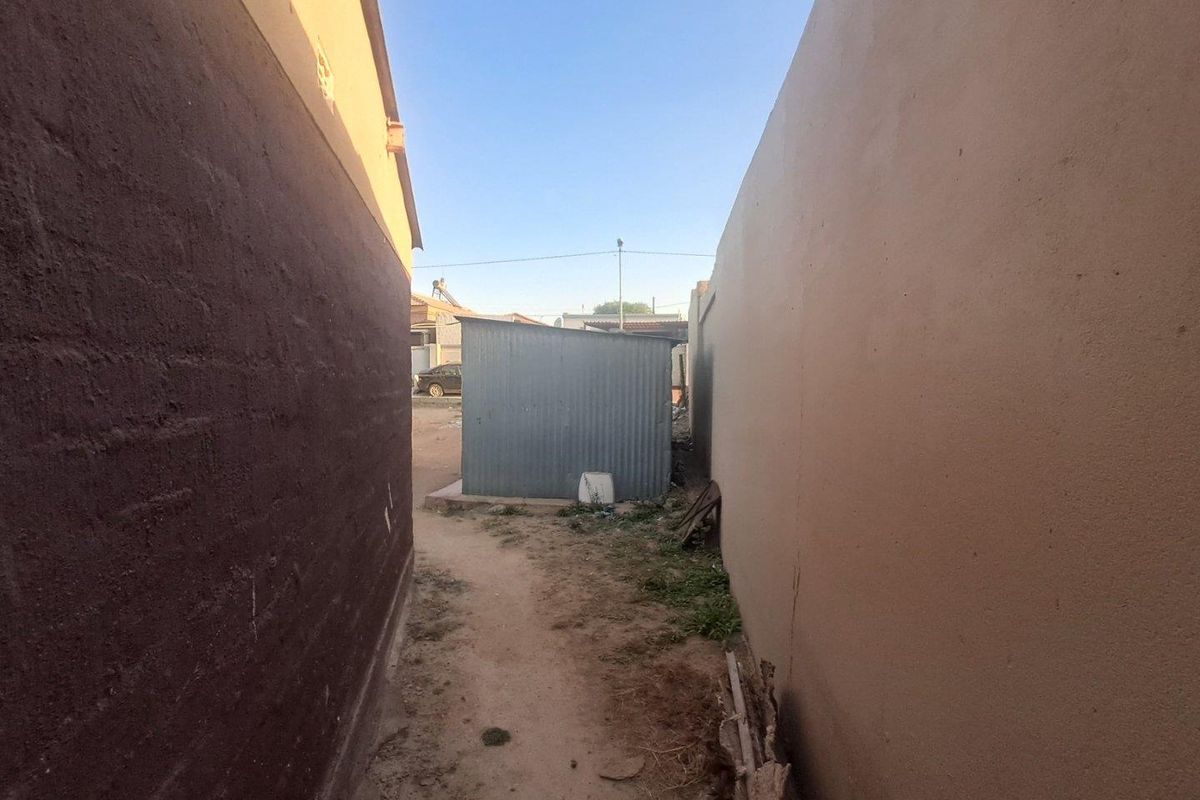 A narrow side passage between two boundary walls leading to a corrugated metal shed in the rear yard area.