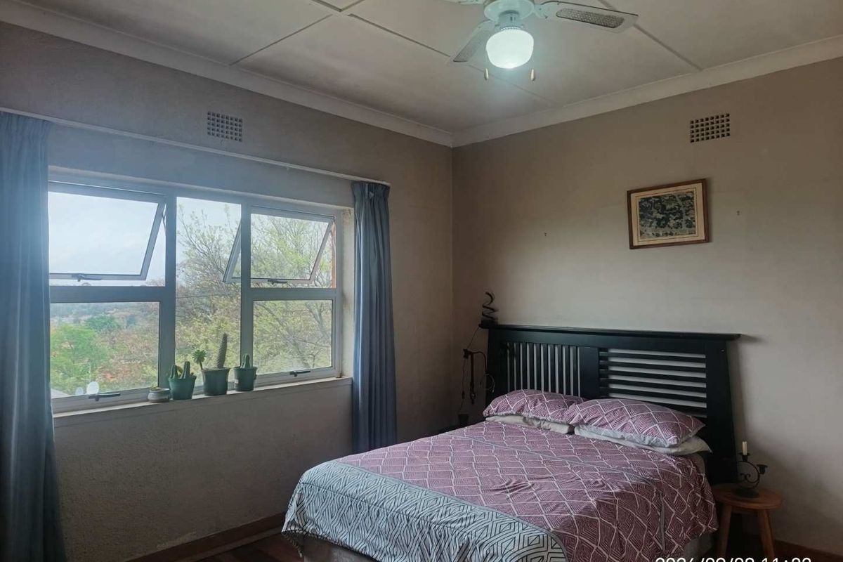 A bedroom featuring timber flooring, a ceiling fan, and large windows providing natural light and exterior views.
