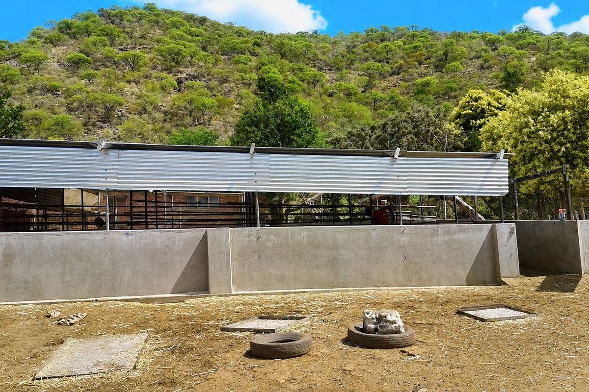 An outdoor livestock or utility area featuring a concrete boundary wall and corrugated metal fencing set against a natural hillside backdrop.