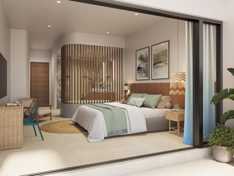 Modern bedroom suite featuring a semi-open en-suite bathroom with timber slat partition, recessed lighting, and large sliding glass doors opening to a private balcony.